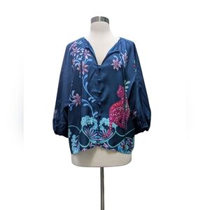 NWT JOHNNY WAS Puff Sleeve Top Blouse Blue Pink Floral MEDIUM